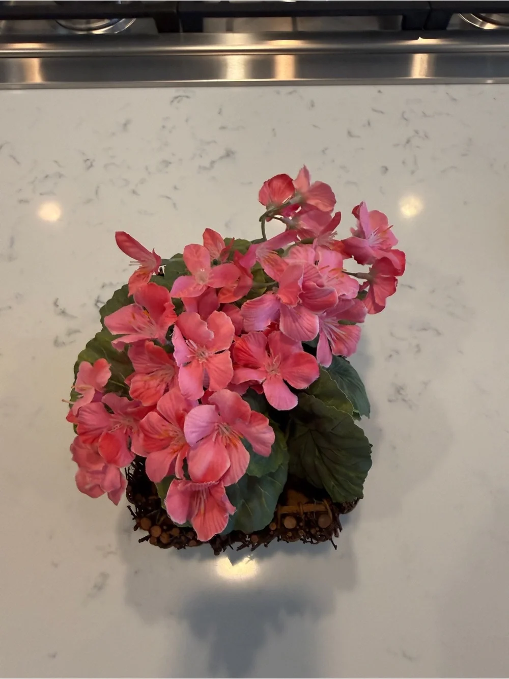 A.T. Imports Faux Pink Geranium Floral Arrangement Twig Basket Cottagecore